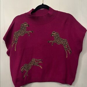 vestique Hot Pink Ribbed Mock Neck Knit Vest cheetah motif